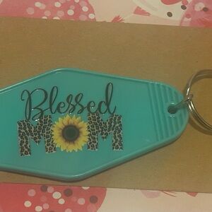 Blessed Mom Keychain with Sunflower Design